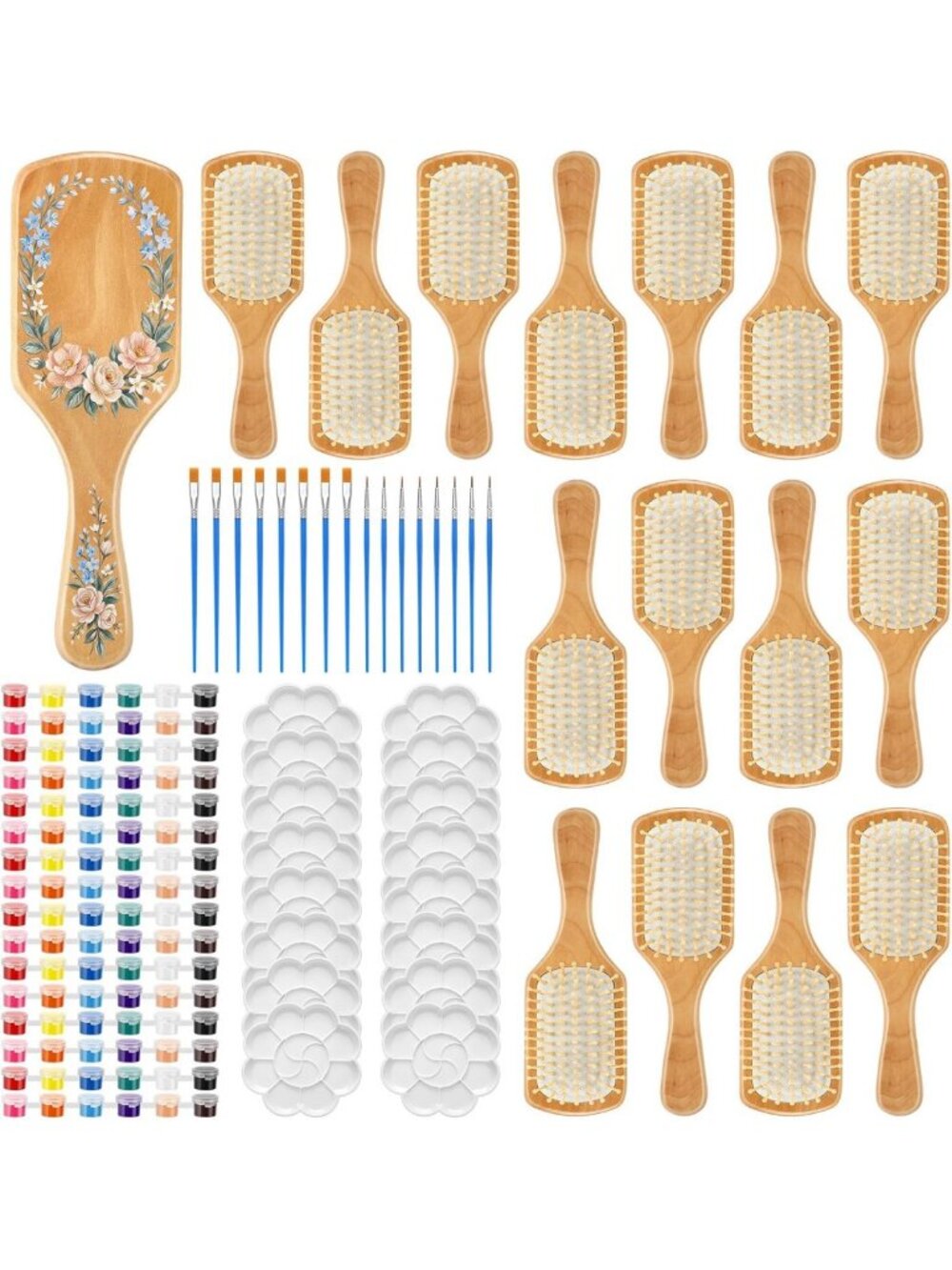 DIY Wooden Hairbrush Painting Kit - 16 Set Bulk Craft Supplies for Creative